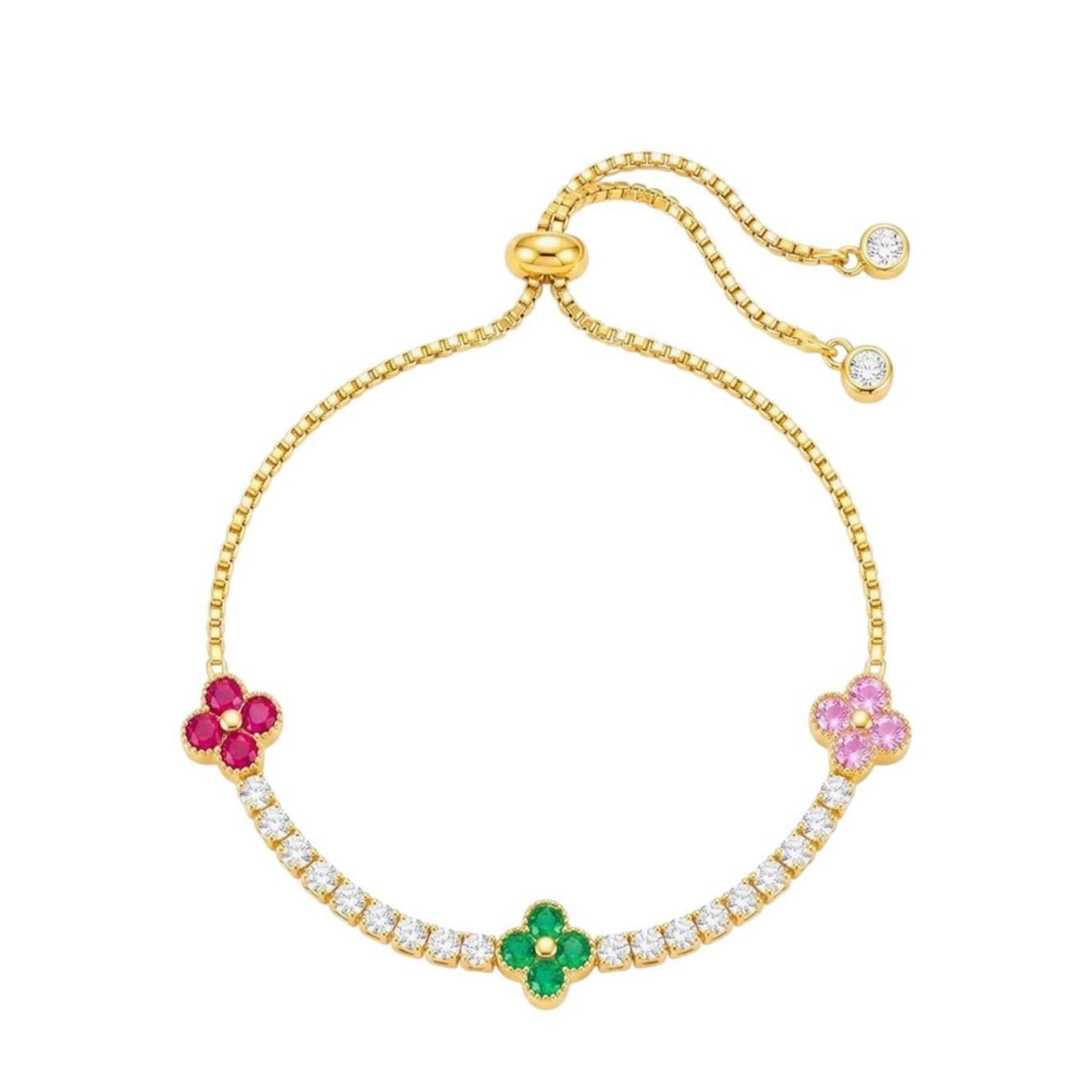 New 14k Gold Plated Bracelet With Pink, Red And Green Clover Accents